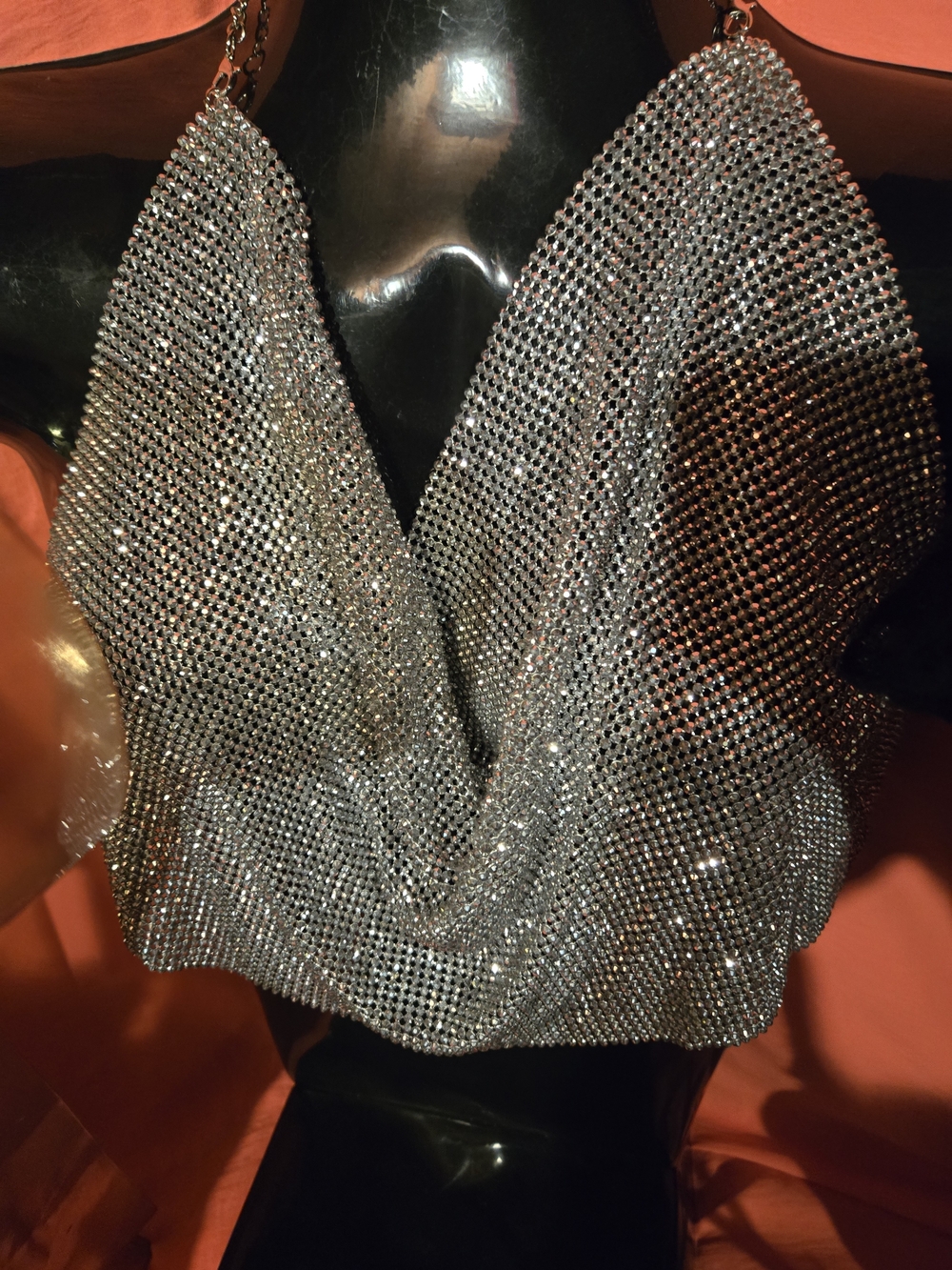 Silver Rhinestone Chainmail Halter Crop Top